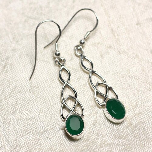 Bo241 - boucles d'oreilles argent 925 et pierre emeraude noeud celtique 36mm