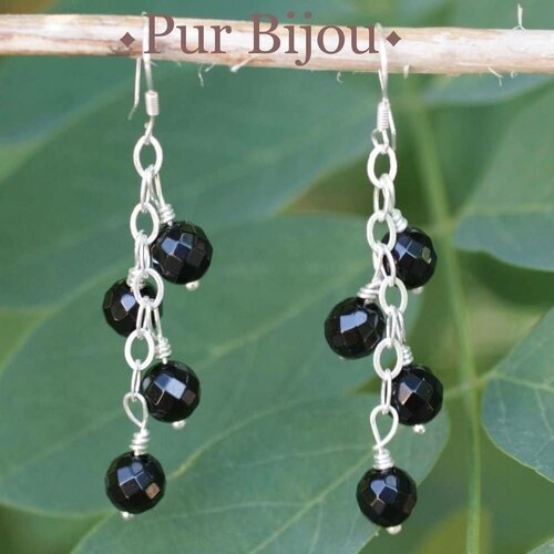 Boucles argent 925 - pierres semi précieuses - onyx noir facetté