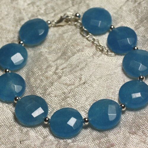 Bracelet argent 925 et pierre - jade bleue palets facettés 14mm