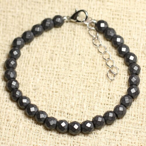Bracelet argent 925 et pierre - hématite boules facettées mat 6mm