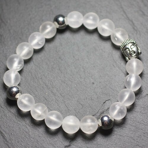 Bracelet bouddha et pierre semi précieuse - cristal de roche quartz mat