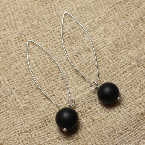 Boucles d'oreilles argent 925 et pierre - onyx noir mat10mm