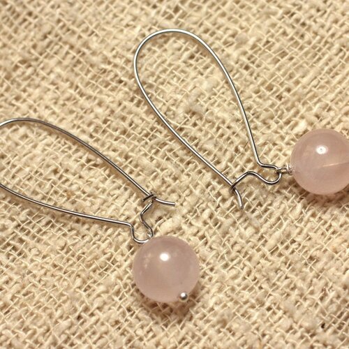 Boucles d'oreilles métal argenté et pierre - quartz rose 10mm