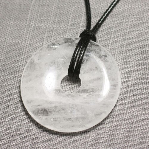 Collier pendentif pierre - cristal de roche quartz rond cercle donut pi 40mm blanc transparent