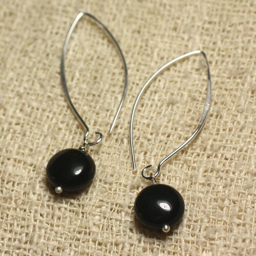 Boucles d'oreilles argent 925 crochets 40mm - obsidienne noire palets 10mm