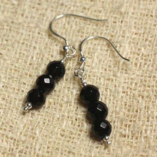 Boucles d'oreilles argent 925 - onyx noir perles rondes facettées 6mm