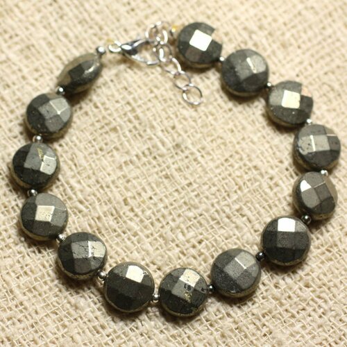 Bracelet argent 925 et pierre - pyrite palets facettés 10mm