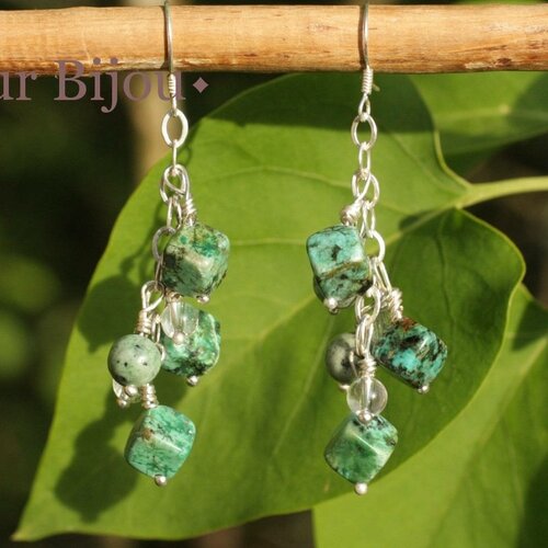 Boucles argent 925 - pierres semi précieuses - turquoise d'afrique et cristal de roche argent turquoise