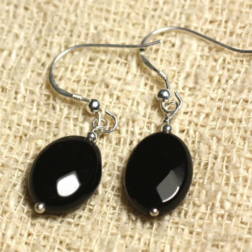 Boucles d'oreilles argent 925 - onyx noir ovales facettés 14x10mm
