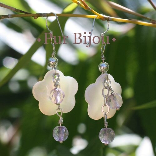Boucles argent 925 - améthyste facettée et fleurs en nacre