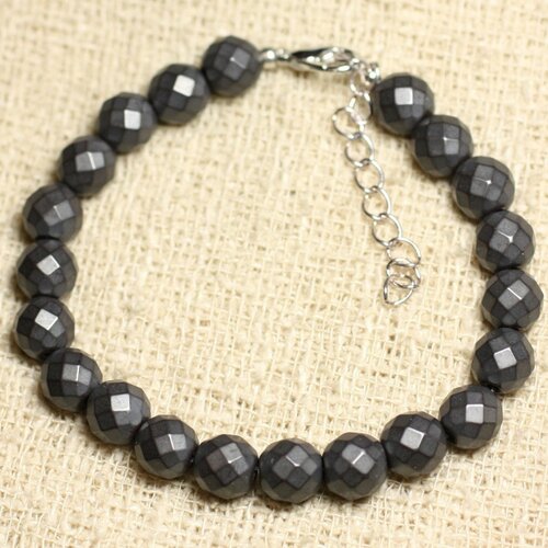 Bracelet argent 925 et pierre - hématite boules facettées mat 8mm