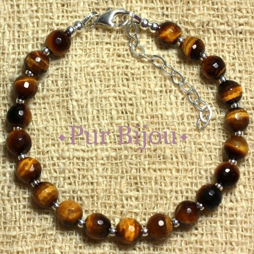 Bracelet argent 925 et pierre - oeil de tigre boules facettées 6mm