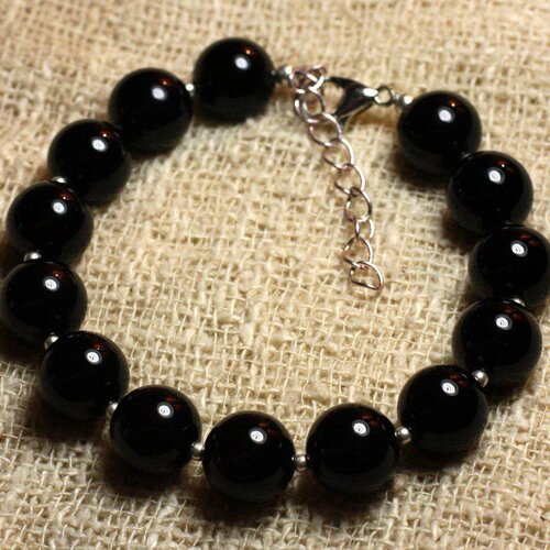 Bracelet argent 925 et pierre - onyx noir 10mm