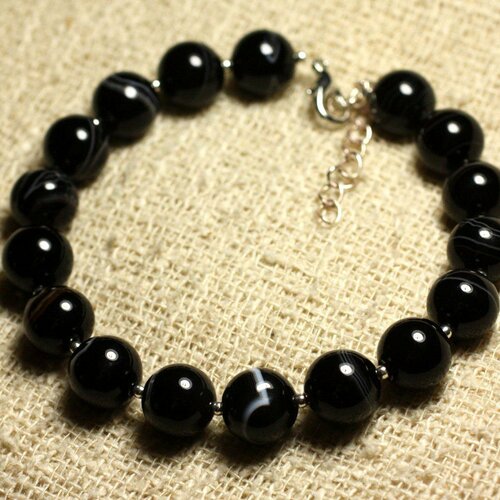 Bracelet argent 925 et pierre semi précieuse - agate noire 10mm