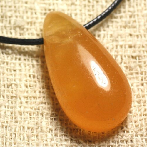 Collier pendentif en pierre - calcite jaune orange goutte 40mm