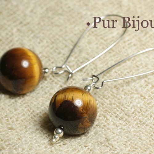 Boucles d'oreilles pierre semi précieuse - oeil de tigre 16 mm