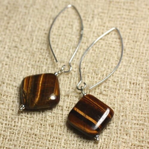 Boucles d'oreilles argent 925 crochets 40mm - oeil de tigre losanges 19mm