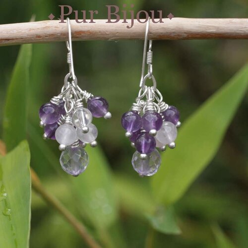 Boucles argent 925 - améthyste - quartz rose et cristal de roche