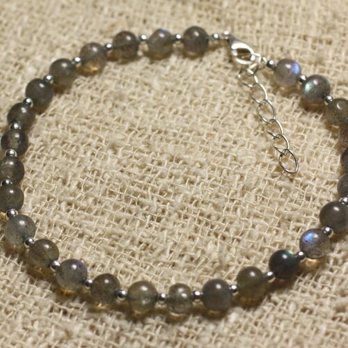 Bracelet argent 925 et perles de pierre labradorite boules 4-5mm