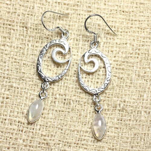 Bo227 - boucles d'oreilles argent 925 et pierre - pendantes spirale 41mm pierre de lune arc en ciel