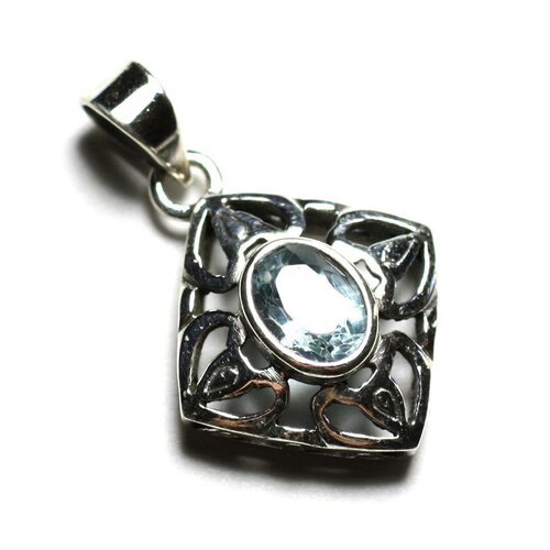 Pe110 - pendentif argent 925 et pierre - losange filigrane arabesques 20mm topaze bleue