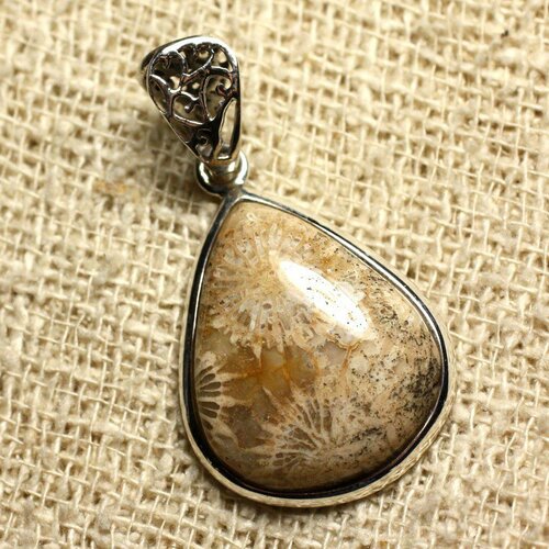 N2 - pendentif argent 925 et pierre - corail fossile goutte 24x20mm