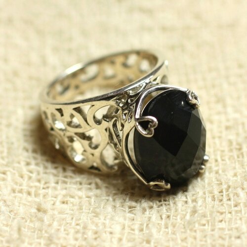 N111 - bague argent 925 et pierre - onyx noir ovale facetté 16x12mm