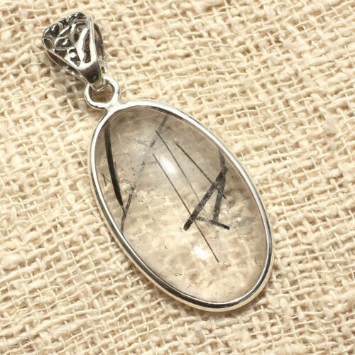 N6 - pendentif argent 925 et pierre - quartz tourmaline ovale 38x20mm