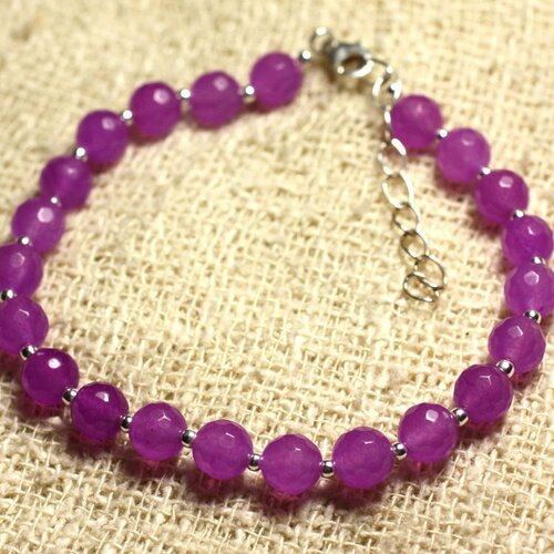Bracelet argent 925 et pierre - jade violette rose fuchsia facettée 6mm