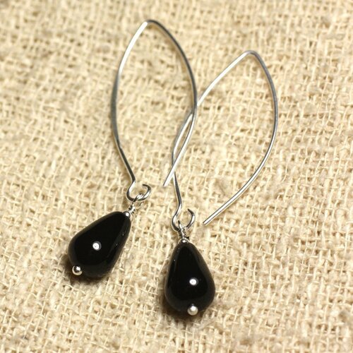 Boucles d'oreilles argent 925 crochets 40mm - onyx noir gouttes 12x8mm