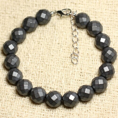 Bracelet argent 925 et pierre - hématite boules facettées mat 10mm