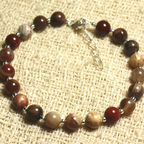 Bracelet argent 925 et pierre - agate bois fossile 6mm