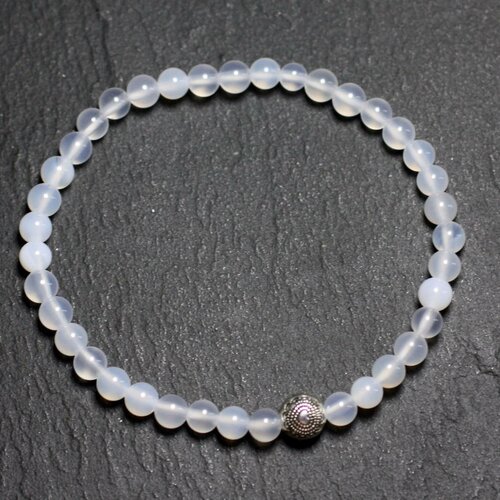 Bracelet pierre semi précieuse agate blanche 4mm et perle argentée