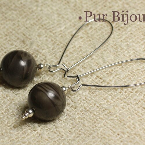 Boucles d'oreilles pierre semi précieuse - jaspe café 14mm