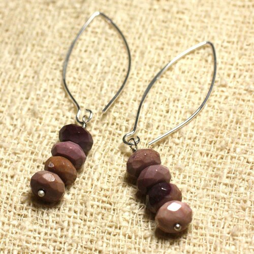Boucles d'oreilles argent 925 crochets 40mm - jaspe mokaïte rondelles facettées 8mm