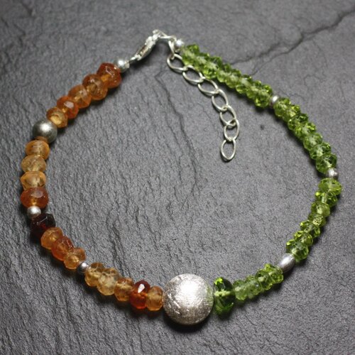 Bracelet argent 925 et pierres - grenat hessonite et péridot facettés 3-5mm
