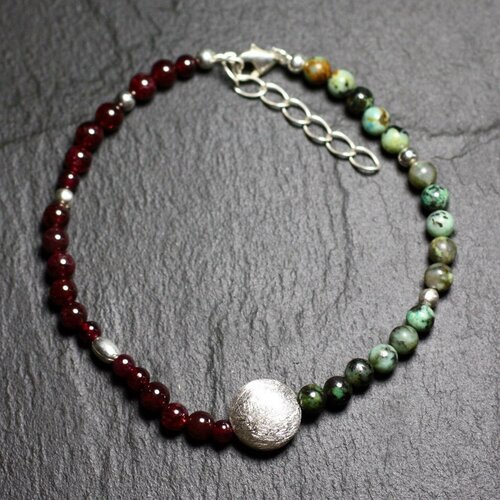 Bracelet argent 925 et pierres - grenat et turquoise d'afrique rondes 4mm