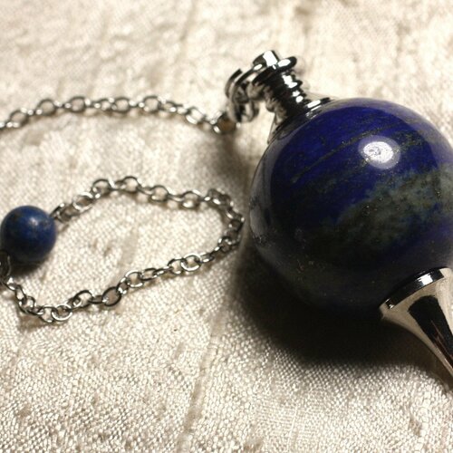Pendule métal argenté rhodium et pierre semi précieuse - lapis lazuli boule 30mm