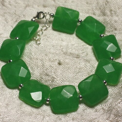 Bracelet argent 925 et pierre - jade verte carrés facettés 14mm