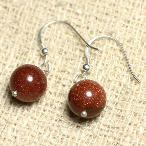 Boucles d'oreilles argent 925 et pierre - pierre de soleil synthèse boules 10mm