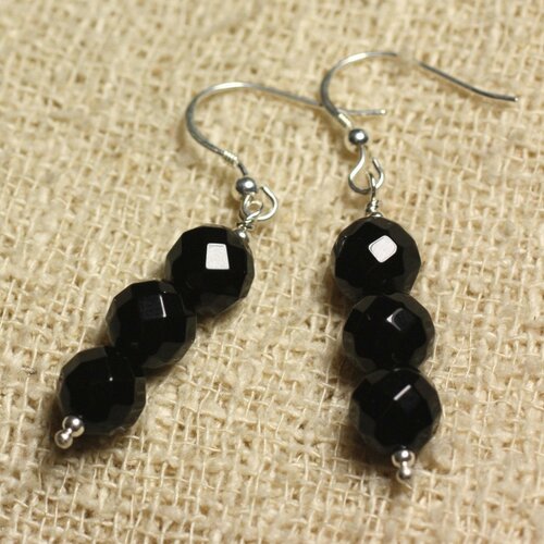 Boucles d'oreilles argent 925 - onyx noir perles rondes facettées 8mm