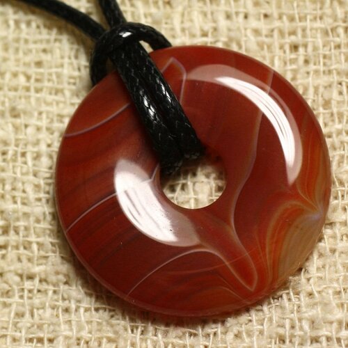 Collier pendentif en pierre - agate rouge orange donut 30mm