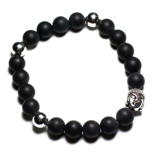 Bracelet bouddha et pierre semi précieuse - onyx noir mat 8mm