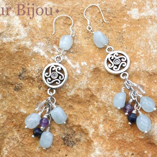 Boucles d'oreilles triskel aigue marine pierres et argent 925