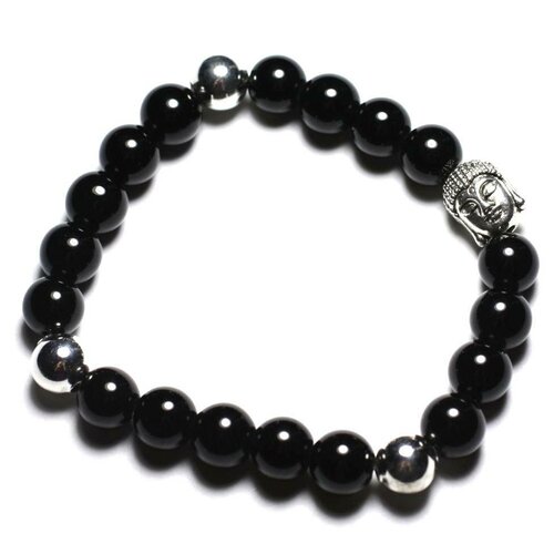 Bracelet bouddha et pierre semi précieuse - onyx noir 8mm