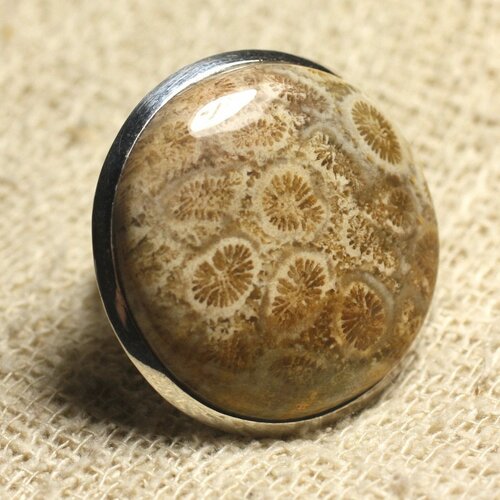 Bague argent 925 et pierre taille réglable - corail fossile rond 32mm