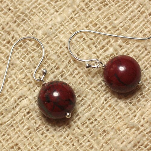 Boucles d'oreilles argent 925 et pierre - jaspe rouge poppy 10mm