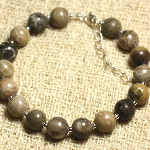 Bracelet argent 925 et pierre semi précieuse - corail fossile 8mm