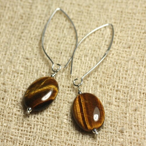 Boucles d'oreilles argent 925 crochets 40mm - oeil de tigre ovales 18x13mm