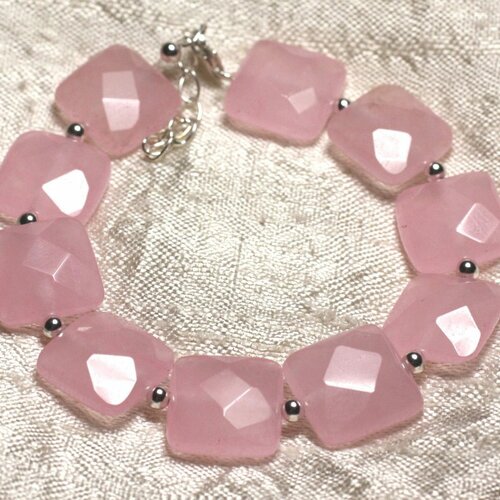 Bracelet argent 925 et pierre - jade rose carrés facettés 14mm